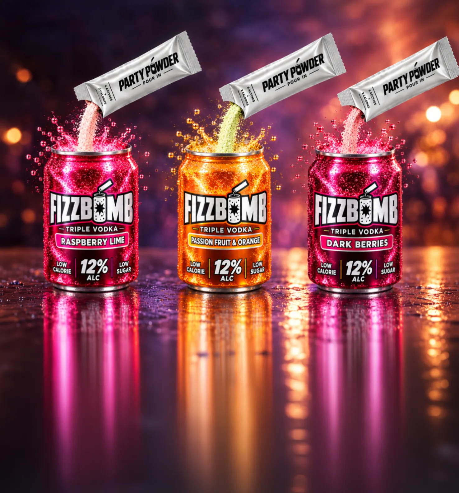 Three FizzBomb cans, Raspberry Lime, Passion Fruit & Orange and Dark Berries, with Party Powder pouring in