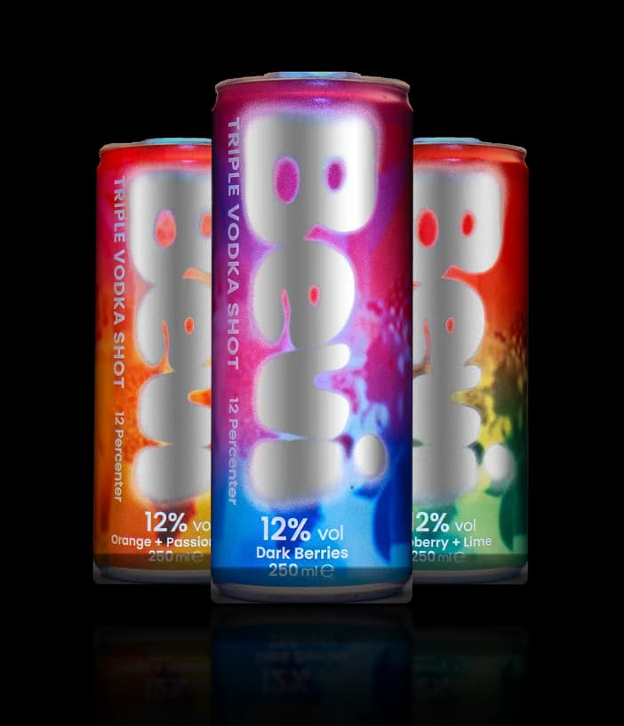 The original Bevi 12 Percenter cans: Dark Berries, Orange + Passion Fruit and Raspberry + Lime