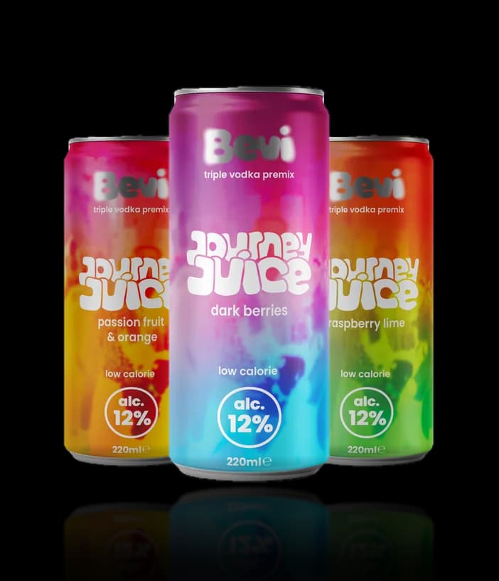 Bevi Journey Juice cans in Dark Berries, Passion Fruit & Orange and Raspberry Lime