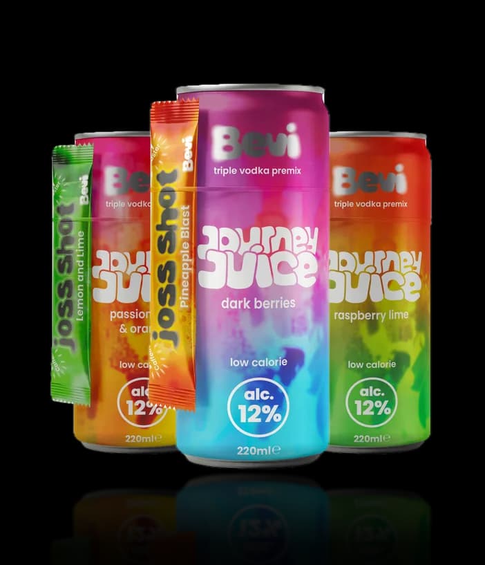 Bevi Journey Juice cans in Passion Fruit & Orange, Dark Berries and Raspberry Lime, each with a Joss Shot sachet strapped to the side